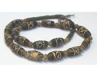 Jade Bead Strand, Old Etched Design, 15 mm, Natural and Handcut, Item 6