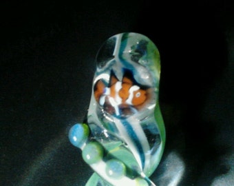 CLOWN FISH Glass Pendant Underwater Fantasy Art Handmade Lampwork Twist Boro Focal Bead Orange and White fish on Blue white & green twisty