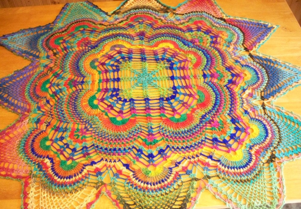 Hand Crocheted Rainbow Tablecloth or Doily