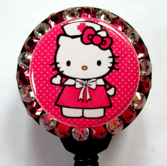 Nurse Hello Kitty Pink Badge Holder ID Reel with Swarovski