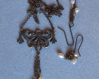 victorian style antiqued brass and pearl earrings and necklace