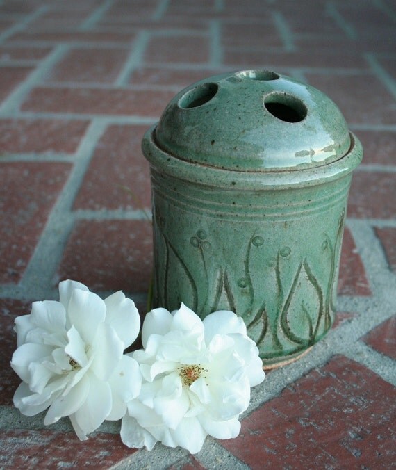 Stoneware Celadon Flower Frog Vase with Incised Design