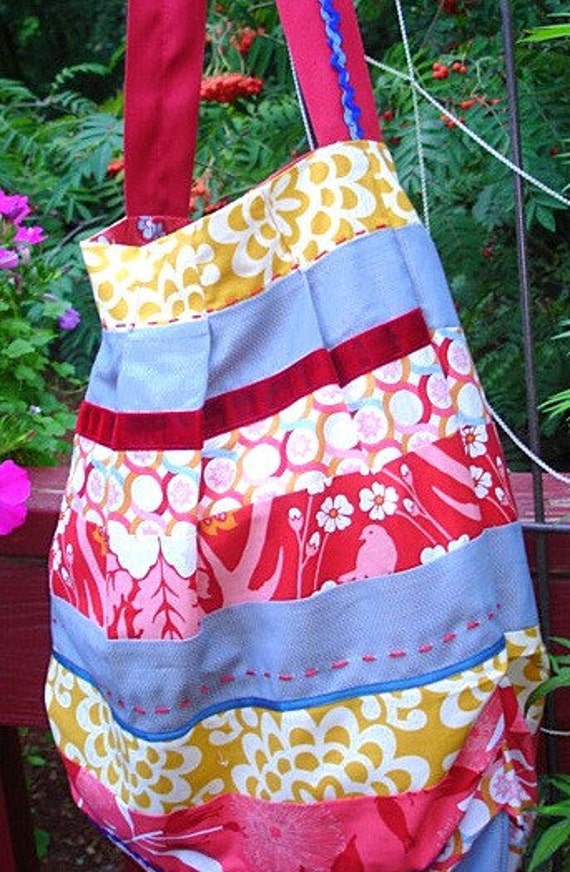Patchwork Large Hobo Style Tote In Red Blue Gold Nectarine