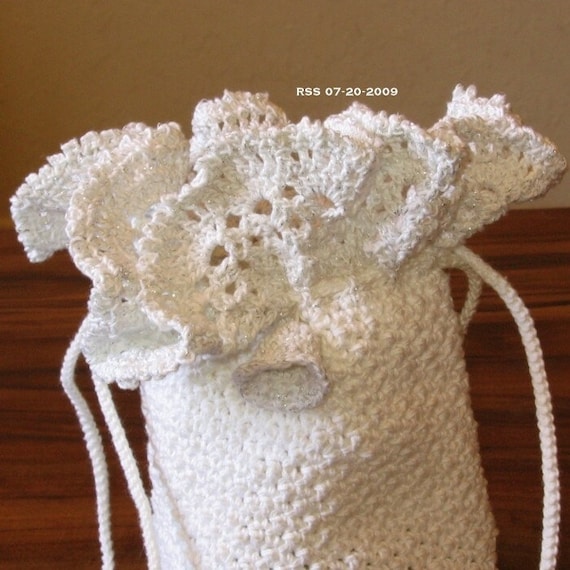 Handmade White and Silver Lace Bag, Personal Accessory, Drawstring Bag or Pouch - Evening, Wedding, Traveling