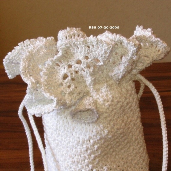 Handmade White and Silver Lace Bag, Personal Accessory, Drawstring Bag or Pouch - Evening, Wedding, Traveling