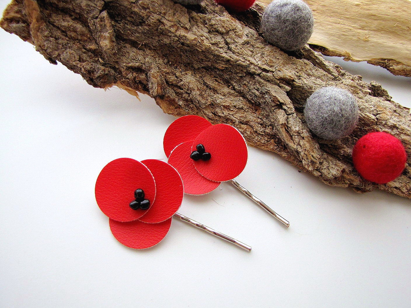 Bobby pins with faux leather flowers poppy hair pins floral