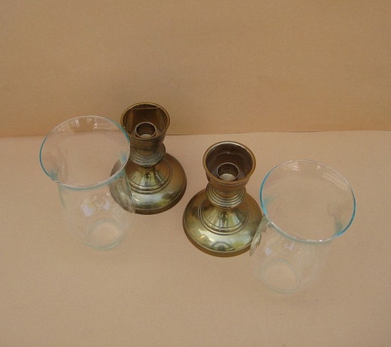 Brass Candle Holders with Glass Shades Nice Vintage Pair