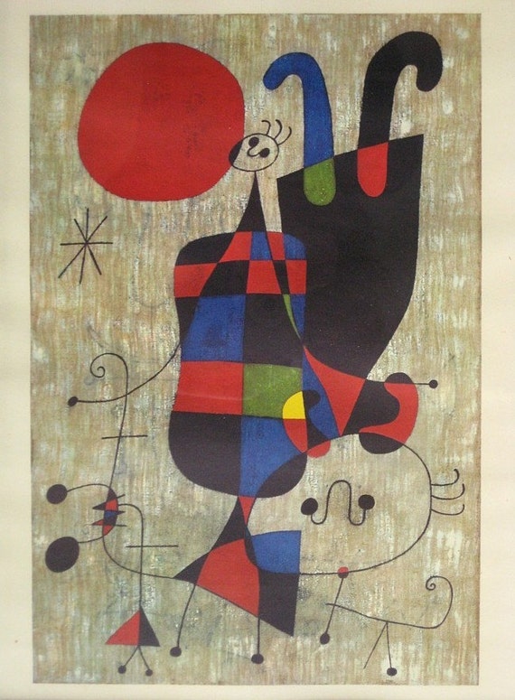 figures and dog in front of the sun