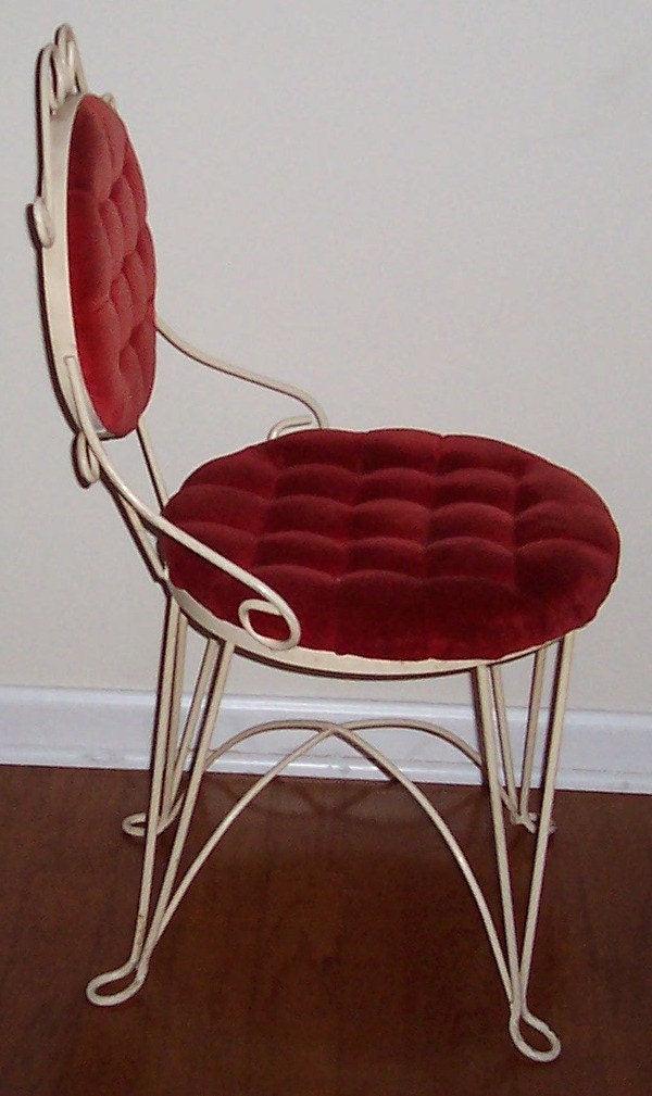 Vintage Wrought Iron Vanity Chair Red Velvet Tufted