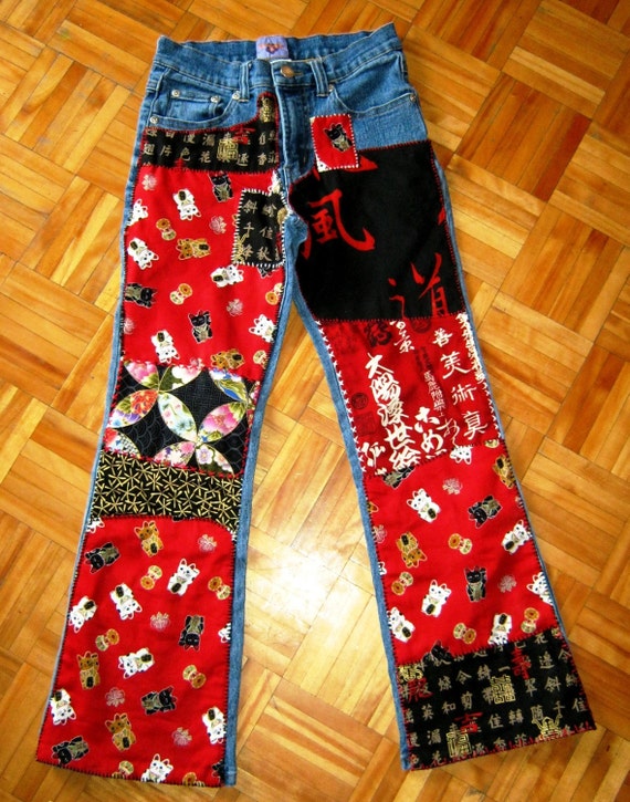Asian Money Cat Patchwork Jeans Funky Decoupage by 4getmeknot