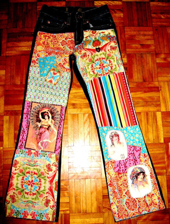 Items similar to Bohemian Gypsy Patchwork Jeans - Boho Decoupage Denim ...
