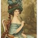 SILK ART IMAGE - FRENCH FASHION - Lady w fan and hat with huge blue feathers