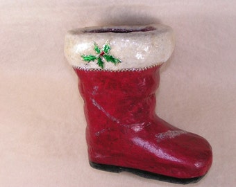 Vintage Style Holiday Stocking/Boot Red Paper Mache with Cotton Batting and Mica
