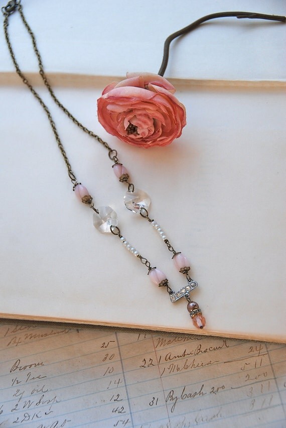 Pale pink vintage beaded crystal rhinestone necklace.