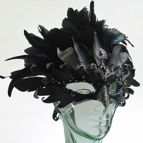 Raven Queen Jeweled Leather Mask with Silver Filigree and