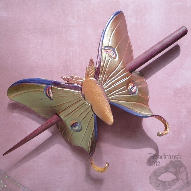 Luna Moth Barrette Hair Stick or Hair Slide With Purple Heart