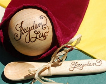 Baby Personalized Toy Wooden Ball and Spoon Gift Set - Christening, Birthday, new baby