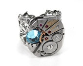 Steampunk Jewelry Ring Vintage PAUL BREGUETTE Swiss Mens Womens Watch Aqua Swarovski Crystal  RARE Beauty - Steampunk Jewelry by edmdesigns