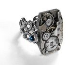 Steampunk Vintage Jeweled Mens Watch Mechanism Ring Adjustable Unisex Sapphire Stem Weddings Anniversary - Steampunk Jewelry by edmdesigns
