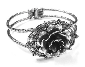 Steampunk Jewelry Bracelet Cuff Victorian Bracelet Large Silver Rose STUNNING Wedding Anniversary Mothers Day Gift - Steampunk by edmdesigns