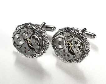 Steampunk Cufflinks Vintage Jewel Mens Watch Cuff Links Silver Scroll Wedding Anniversary Groomsmen Cufflinks Father - Jewelry by edmdesigns