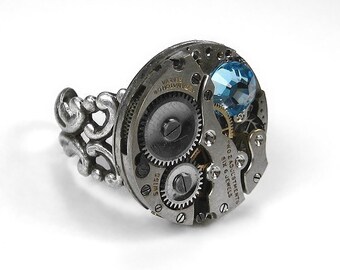 Steampunk Jewelry Ring Vintage Jeweled Watch Adjustable Filigree AQUA Swarovski Crystal Stone STRIKING - Steampunk Jewelry by edmdesigns