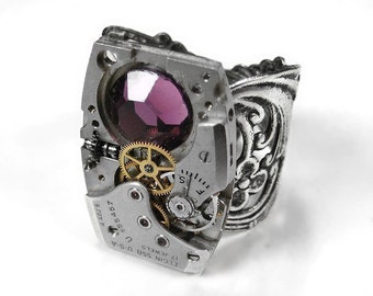 Steampunk Jewelry Ring Vintage Elgin Watch Movement RUBY Jeweled AMETHYST Crystal Wedding Anniversary GORGEOUS - Steampunk by edmdesigns