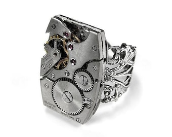 Steampunk Watch Ring - Vintage Jeweled GORGEOUS Art Deco GLEAMING Watch Adjustable Silver Filigree Ring - Steampunk Jewelry by edmdesigns