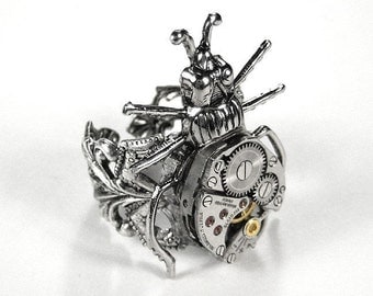 Steampunk Ring Vintage Jewel Watch BEETLE INSECTUS Silver Adjustable Filigree Band  Men Women Ring - Steampunk Jewelry by edmdesigns