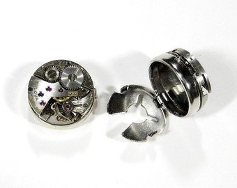 Steampunk Cufflinks BULOVA ROUND Ruby Jeweled CUFFLESS Cufflinks Watch Button Covers Wedding Groomsmen Cufflinks - Jewelry by edmdesigns