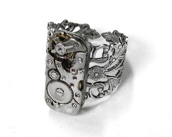 Steampunk Jewelry Ring Art Deco Watch Adjustable Silver Filigree SOLDERED Steam Punk Anniversary WEDDING - Steampunk Jewelry by edmdesigns