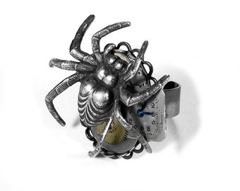 Steampunk Jewelry Ring Silver SPIDER Ring Antique Watch Dial Gears Cogs Adjustable Ring UNISEX Men Women - Steampunk Jewelry by edmdesigns