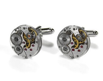 Steampunk Cufflinks RUSSIAN Pinstripe Ruby Jeweled Watch Mechanism Wedding, Anniversary Groomsmen Cufflinks Dad Gift - Jewelry by edmdesigns