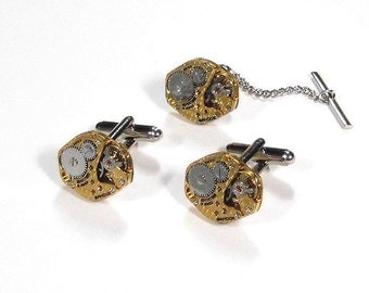 Steampunk Cufflinks Tie Tac Set - SANDOZ GoLD Jeweled Watch Movement Look of FACETED Diamonds Fathers Day Weddings - Steampunk by edmdesigns