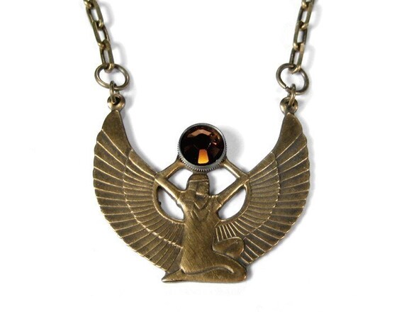 Steampunk Jewelry Necklace Egyptian WINGED Goddess Brass ISIS
