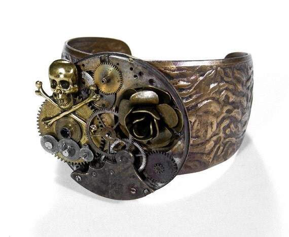 Steampunk Jewelry Cuff Industrial GRUNGED Pocket Watch Cuff SKULL Brass GEARS Rose Steam Punk Men Valentine Gift - Jewelry by edmdesigns by edmdesigns steampunk buy now online