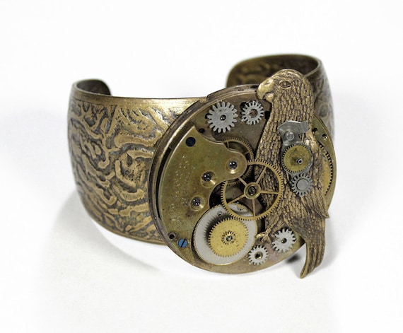 Steampunk Jewelry Cuff Vintage Brass Pocket Watch Bracelet MECHANICAL PARROT Gears Men Women Burning Man Cuff - Jewelry by edmdesigns by edmdesigns steampunk buy now online