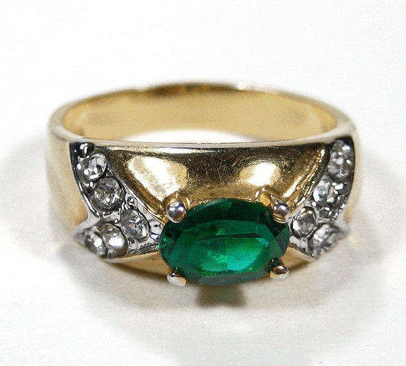 Antique Art Deco Ring EMERALD 7mm Rhinestone 14K EP 1940s