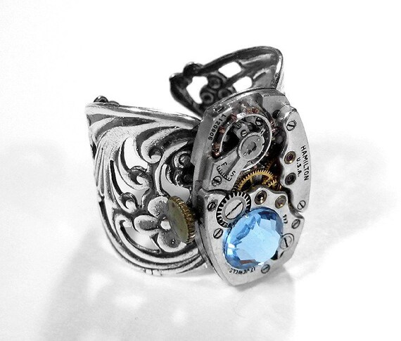Steampunk Vintage HAMILTON Gleaming Rectangular Ruby Jeweled Swiss Watch Movement Ring - STUNNING SWAROVSKI PALE BLUE CRYTSAL ACCENT - Delicate Filigree Scroll Adjustable Ring - ELEGANT AND FEMININE - edmdesigns Exclusive