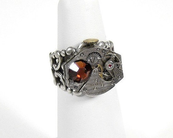 Steampunk VINTAGE Watch Movement Jeweled Adjustable Ring with Swarovski Crystal - ATTENTION GRABBER....Exclusively Offered by edmdesigns