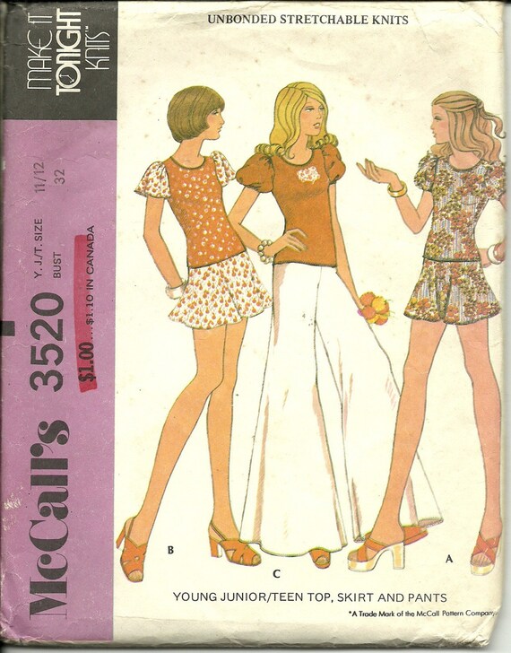 VINTAGE 1973 McCalls PATTERN 3520 Knit Top and Wide