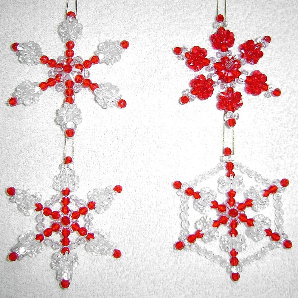 Beaded Snowflake Ornaments, 4pc Set - Ruby Red