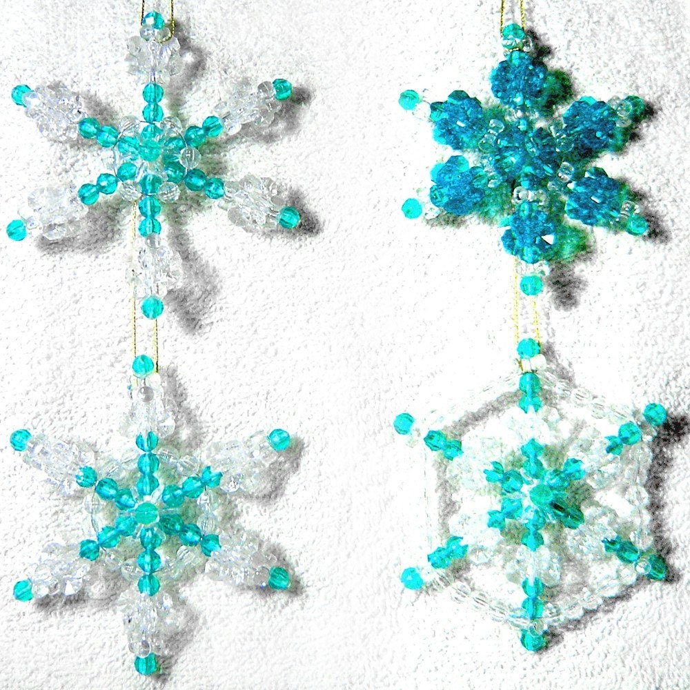 Beaded Snowflake Ornaments, 4pc Set - Turquoise Blue