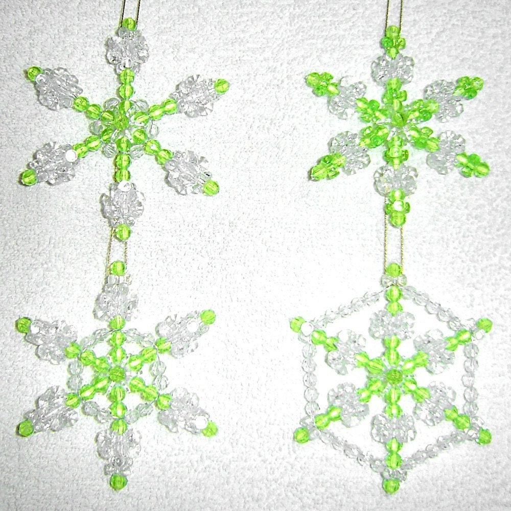 Beaded Snowflake Ornaments, 4pc Set - Peridot Lime Green