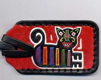 Kuna Mola Cat leather luggage tag
