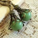 Sale Vintage Lucite Bead Earrings, Brass Filigree, Neo Victorian Jewelry, Sage Green Earrings