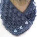 Crochet neckwarmer, country blue, flexible fit, heart buttons