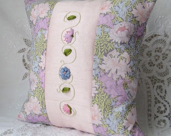 Embroidered pillow, silk ribbon embroidery, silk and cotton cushion, pink floral pillow, 12 inch square pillow, bedroom decor