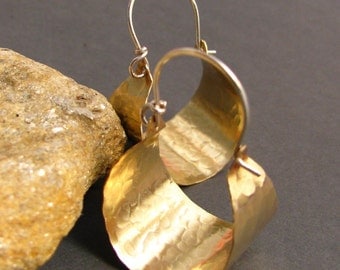 Hammered Brass Hoops, Basket Hoop Earrings, Brass And Sterling Silver Earrings, Contemporary Metalwork Earrings, Mixed Metal Earrings