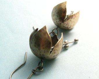 Tinkling Bell Flower Earrings Brass And Sterling Silver Mixed Metal Earrings, Musical Earrings, Artisan Brass Earrings, Metalwork Jewelry